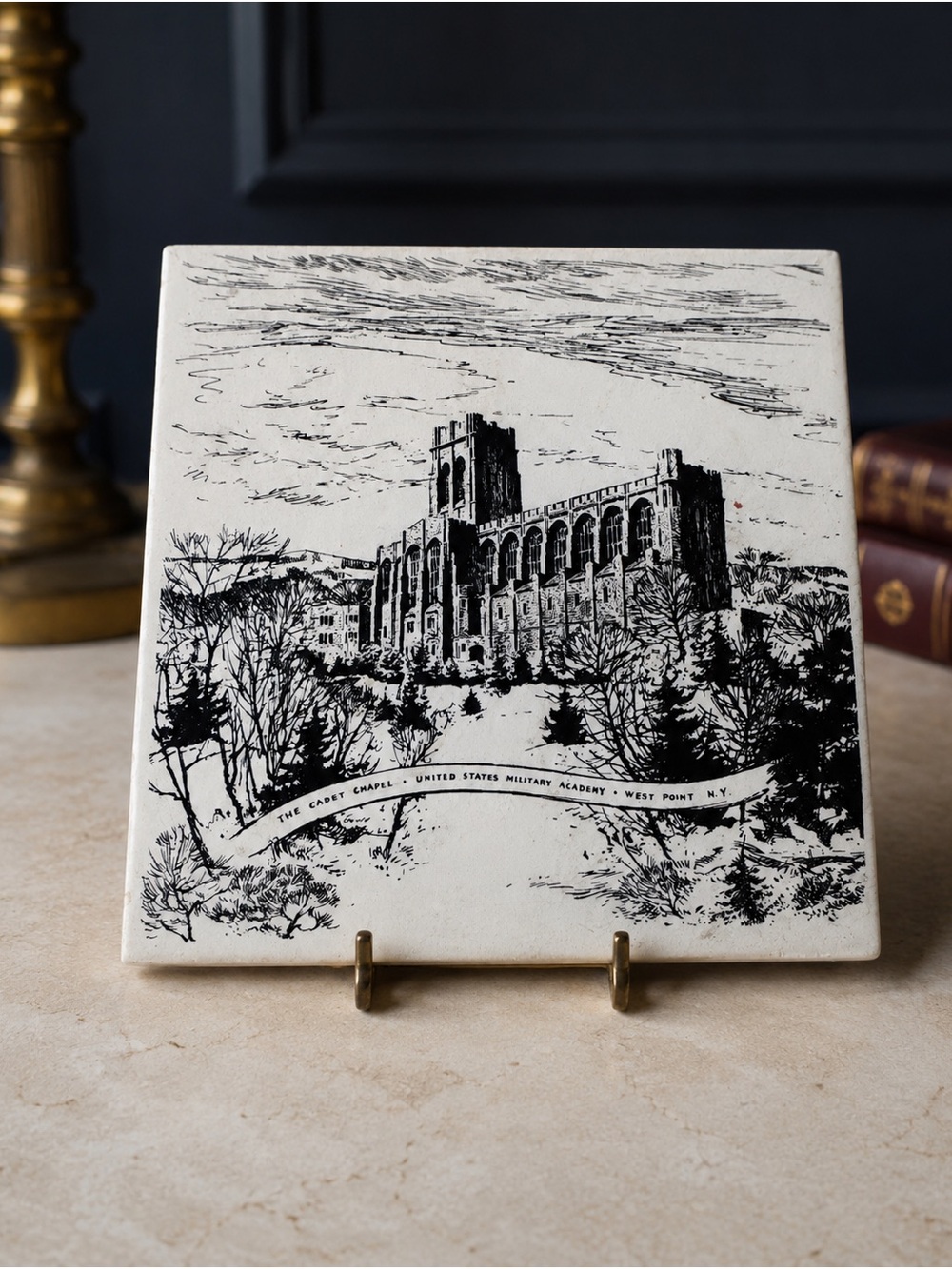 Vintage West Point Cadet Chapel Ceramic Tile Trivet Wall Plaque 6x6 Americana Ar